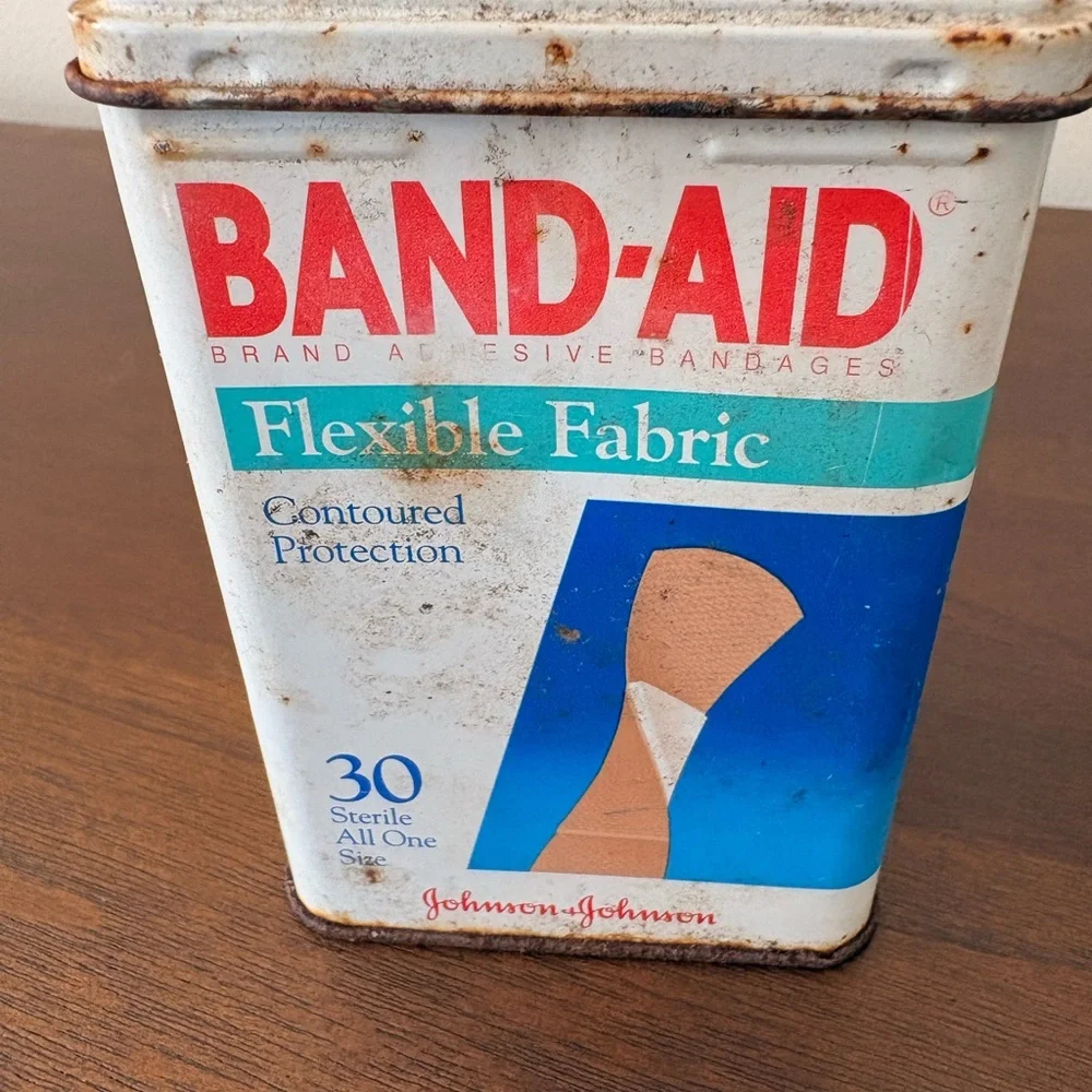 Vintage Metal Band-Aid Container - Flexible Fabric Adhesive Bandages - Beige